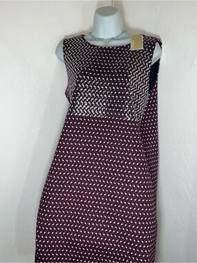 Michael Kors Sleeveless Midi Dress in Burgundy and White Geometric Print